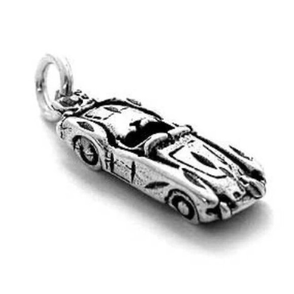 RETRO RACE CAR CHARM IN 3D. STERLING SILVER - Picture 1 of 1